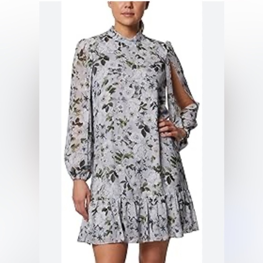 🥑Laundry by Shelli Segal Floral Chiffon Long Sleeve Mini Dress Grey size 6